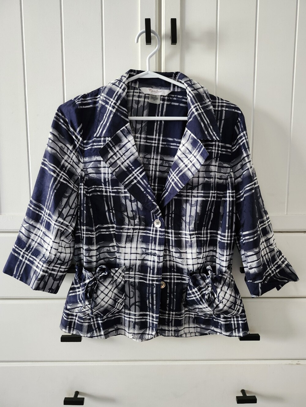 TanJay Navy & White Plaid Women's Blouse With 3/4 Length Sleeve
